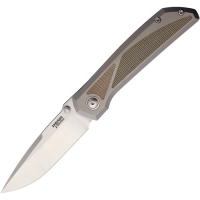 Pena 73 Mula Satin Drop Point Framelock Knife Gray Titanium/Green/Brown Micarta Handles