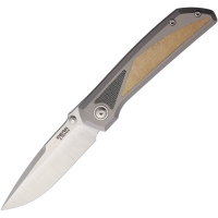 Pena 69 Mula Satin Drop Point Framelock Knife Gray Titanium/White/Black Micarta Handles