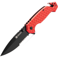 Donges M01DG001 Basic Rescue Black Part Serrated Linerlock Knife Red Handles