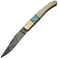 Damascus 1156BO Folder Folding Pocket Knife with White Smooth Bone and Turquoise Handle