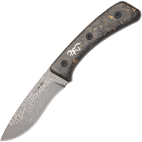 Browning 0570B 2025 Medallion Damascus Drop Point Fixed Blade Knife Gold Flake Carbon Fiber Handles
