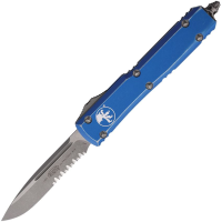 Microtech 12111DBL Auto Ultratech Apocalyptic Part Serrated Single Edge Drop Point OTF Knife Distessed Blue Handles
