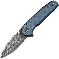 Civivi 20052FDS1 Mini Shakan Damascus Drop Point Button Lock Knife Blue Aluminum Handles