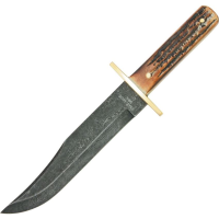 Bear & Son 501D Damascus Bowie Fixed Clip Point Blade Knife with Genuine India Stag Bone Handle