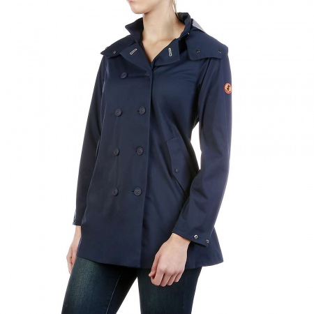 Save The Duck Womens Full Length Hooded & Double Breasted Rain Coat - Navy Blue