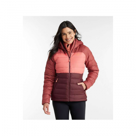 L.L.Bean Women's Down Hooded Colorblock Jacket - Burgundy Brown / Rosewood