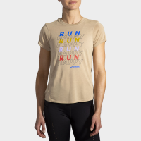 Brooks Distance Graphic Short Sleeve Spring 2022 Women's Running Apparel Heather Oatmeal/Run Repeat