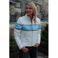 White Classic Scooter Leather Jacket w/Wide Blue Stripe #L55923ZUW