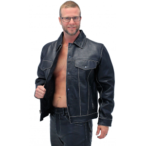 Black Vintage Leather Jean Jacket with Concealed Pockets #MA6643K