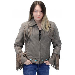 Turquoise and Fringe Brown Leather Jacket for Women #L17081ZFTN