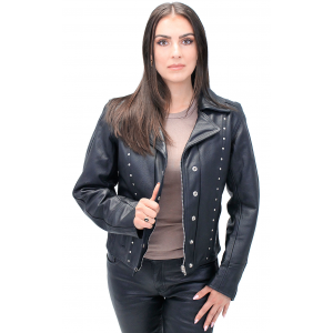 Black Rivet Trim Cowhide Motorcycle Jacket for Women #L4042RZK