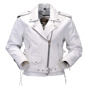 White Leather Motorcycle Jacket w/Side Lace #L6027LW