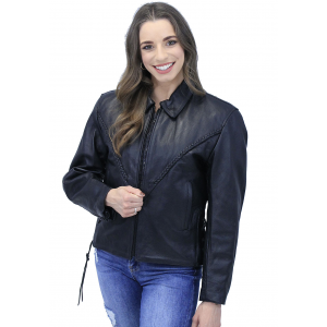 Braid Trim Leather Motorcycle Jacket for Women #L472ZL