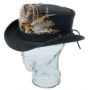 Steampunk Black Leather Top Hat w/Large Feather Hatband #H56503XFK