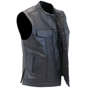 Men's Collarless Black Leather Club Vest With Easy Access Concealed Pocket #VM1770GK