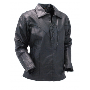 Black Leather Lace Up Pullover Shirt with Side Zippers #MS854LK