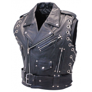 Chromed Out Leather Motorcycle Vest w/Chains #VM2001MCC