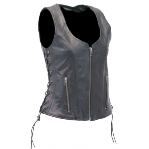 Black Women's Concealed Pockets Side Lace Leather Zip Vest #VL4531GLK