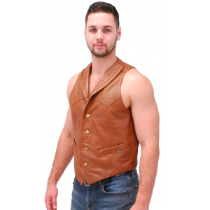 Light Brown Vintage Waxy Lambskin Western Whip Stitch Vest #VM2061WN