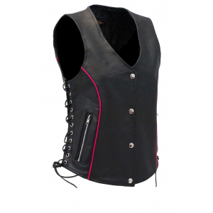 Women's Hot Pink Piping Side Lace Leather Concealed Pocket Vest #VL68502GHP