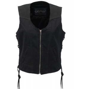 Women's Side Lace Black Denim Zip Vest #VLC9420LZK