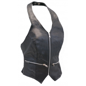 Zip Front Black Leather Halter Vest #LH5231ZK