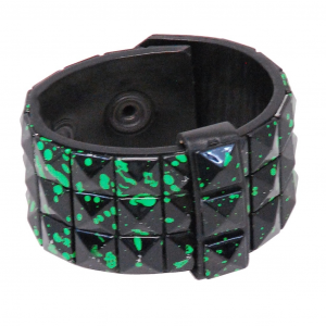 Black and Green Triple Row Pyramid Studded Leather Wristband #WB136GN