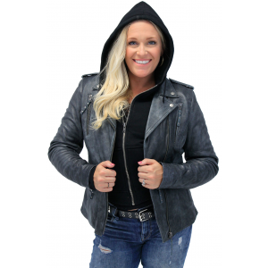 Women's Vintage Gray Leather Motorcycle Jacket w/Hoodie #LA6841VHGY
