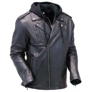 Men's Soft Black Leather Motorcycle Jacket w/Hoodie #M6925VHGK