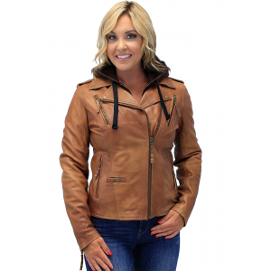 Women's Light Brown Hoodie Motorcycle Jacket #L68411HN