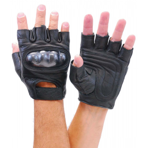 Padded Palm Hard Knuckle Black Leather Fingerless Gloves #G952K