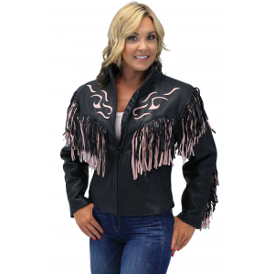 Women's Pink Fringed Leather Jacket with Inlays #L284FTP
