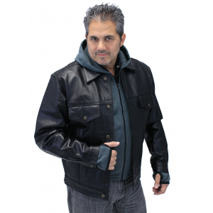 Men's Hoodie Leather Jean Jacket w/Concealed Pockets & Hoodie #M1412HK