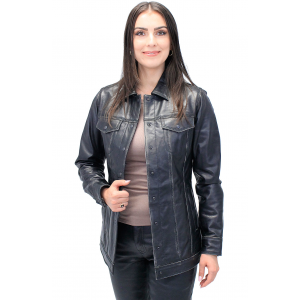 Vintage Black Women's Long Leather Jean Jacket #LA2010LZK