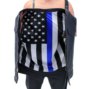 Thin Blue Line Flag Lining Concealed Pocket Leather Club Vest #VM66705GU
