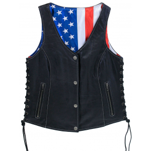 USA Flag Lined Women's Side Lace Concealed Pocket Leather Vest #VL6890USA