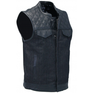 Black Denim Leather Quilt Concealed Pockets Club Vest #VM6676DGQK