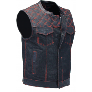 Red Stitch Denim Leather Quilt Concealed Pockets Vest #VM6678DGQR