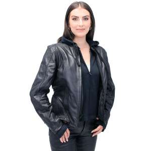 Women's Black Vented Leather Jacket w/Hoodie #L6953HVZRK