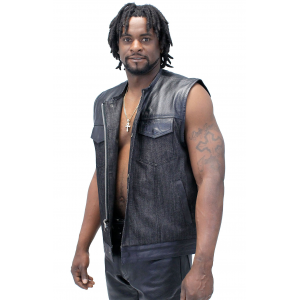 Men's Black Leather and Denim Club Vest w/Easy Access Pocket #VMC913GK