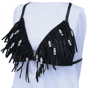 Skull Beaded Leather Fringe Bikini Top #LH1109FBK