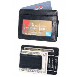 Compact Magnetic Black Leather Money Clip #W910MCK