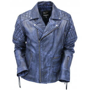 Quilted Blue Distressed Leather MC Jacket CC Pockets #MA2024QGU