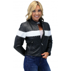 Stud Trim Leather Motorcycle Jacket w/Wide White Stripe #L734SW