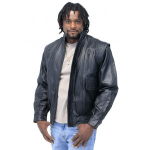 Black Leather Bomber Jacket w/Mandarin Collar #M511ZK