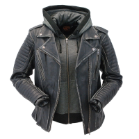 Women's Vintage Vented Concealed Pockets Motorcycle Jacket with Hoodie #LA2516VHK