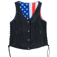 USA Flag Lined Women's Side Lace Concealed Pocket Leather Vest #VL6890USA