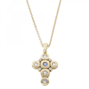 Alex Sepkus 18K Sapphire & Diamond "Candy" Cross Pendant w/1 Blue Sapphire (approx. .07ct), 9 Diamonds (.29ct), & 1.5mm 18" Cable Chain M-55S15-CH-1.5