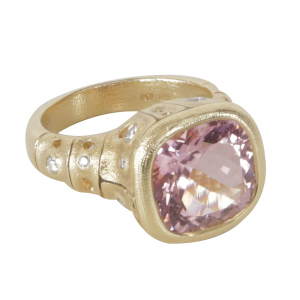 Alex Sepkus 18K Diamond "Francoise" Ring with 5.65ct Pink Tourmaline 12x12mm Cushion and 11 Diamonds (0.28ct) R-226