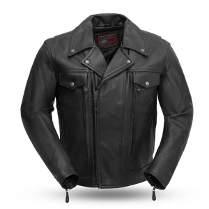FIRST MFG Men's Mastermind Black Leather Motorcycle Jacket (FIM244BNKDZ-BLK)